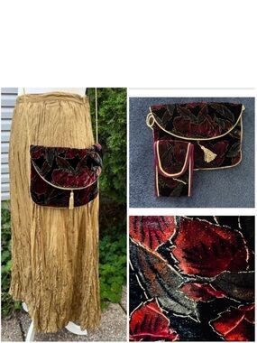 🎁🆕Vintage velvet handbag & case duo / burgundy black brown grey & gold accents